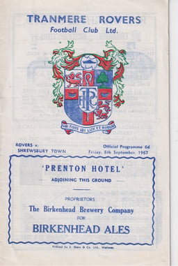 Tranmere Rovers v Shrewsbury Town Match Programme 1967-09-08